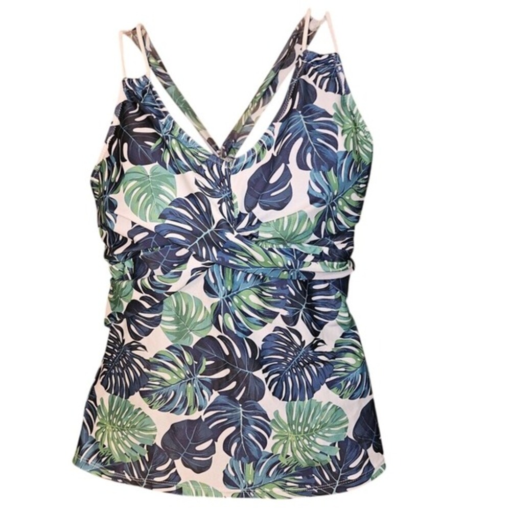 Ekouaer Palm Leaves Tankini Top  Size Medium ‎ NWT Tropical Swimwear Blue Green